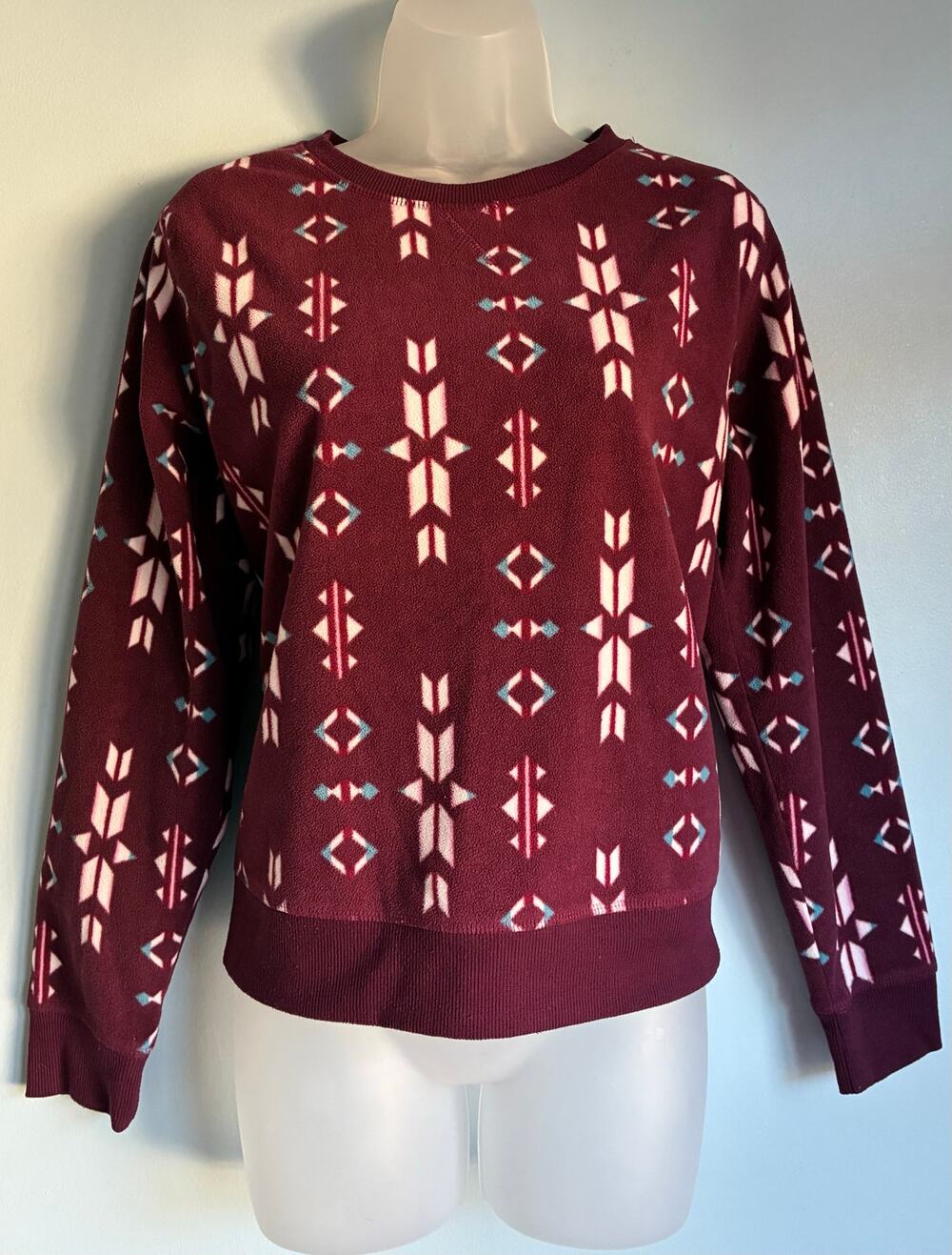 Eddie Bauer Fleece Top Sweater Crew Neck Medium Aztec Print